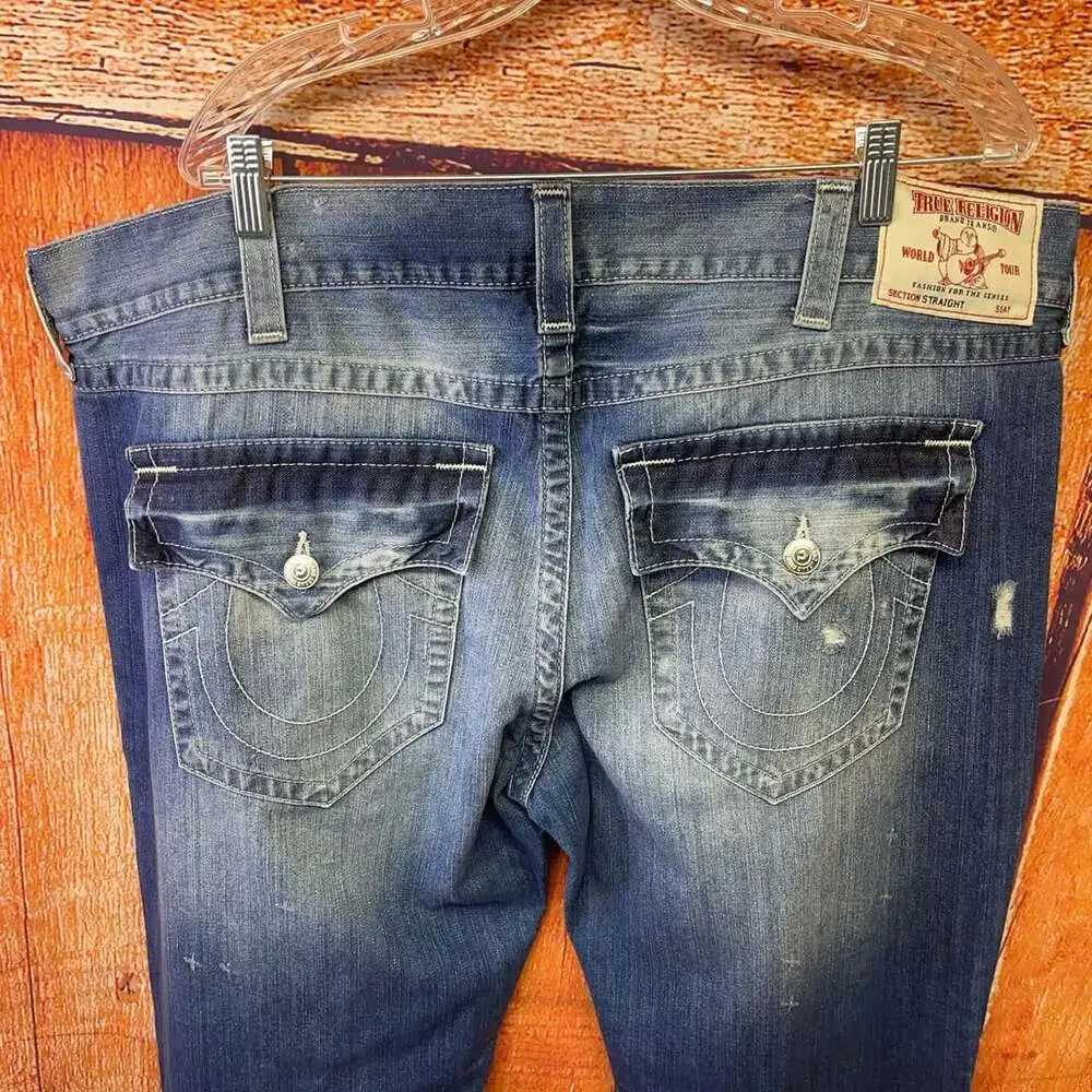 True Religion World Tour Section Straight Distressed Denim Jeans Sz 44 x 34